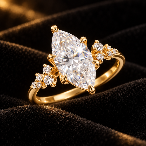 Aurelia gold marquise moissanite ring luxury detail on black velvet