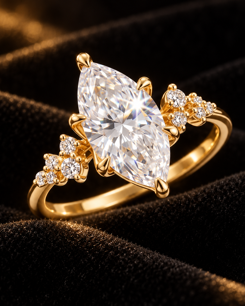 Aurelia gold-tone marquise moissanite ring — portrait detail on black velvet
