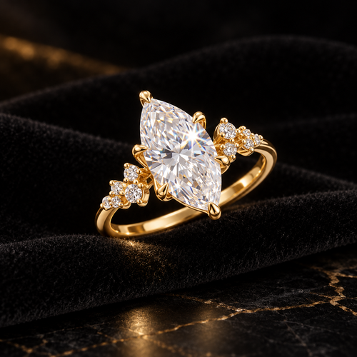 Aurelia Gold marquise moissanite ring on black velvet
