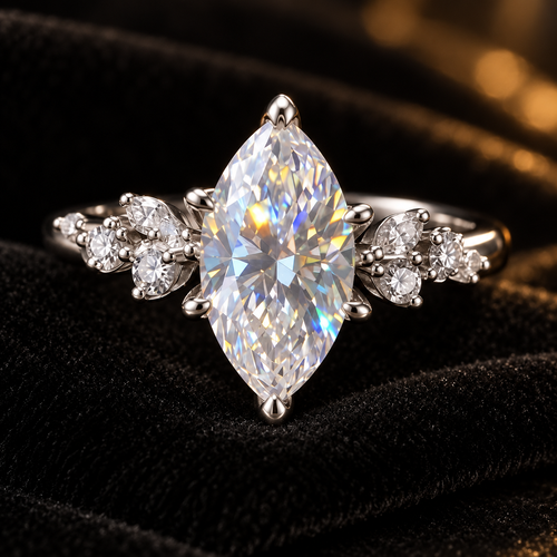 Aurelia silver marquise moissanite ring luxury detail on black velvet