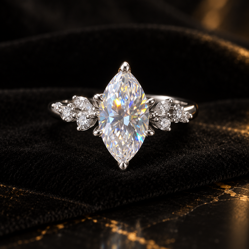 Aurelia Silver marquise moissanite ring on black velvet
