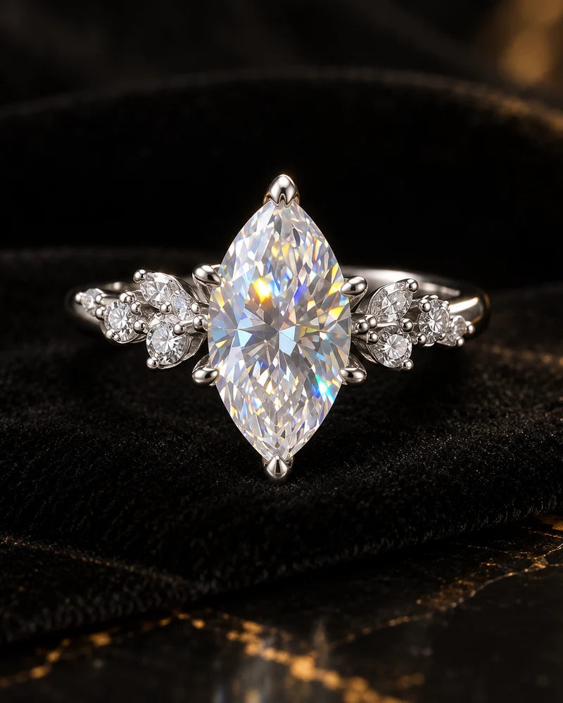 Aurelia 2CT silver marquise moissanite ring — portrait detail on black velvet