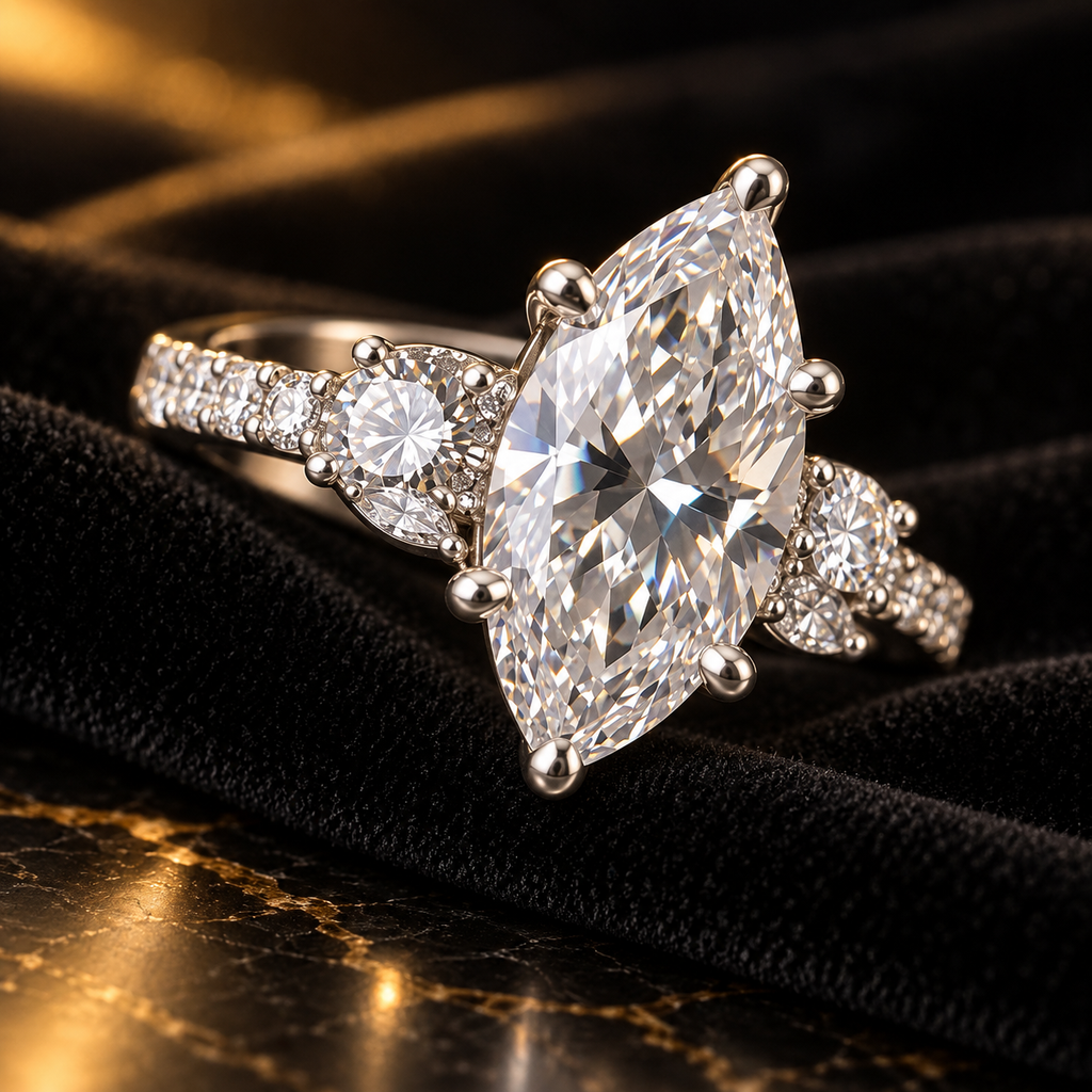 Céleste sterling silver marquise cubic zirconia ring luxury detail on black velvet