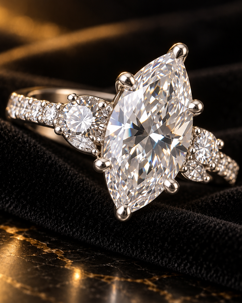 Céleste sterling silver marquise cubic zirconia ring — portrait detail on black velvet