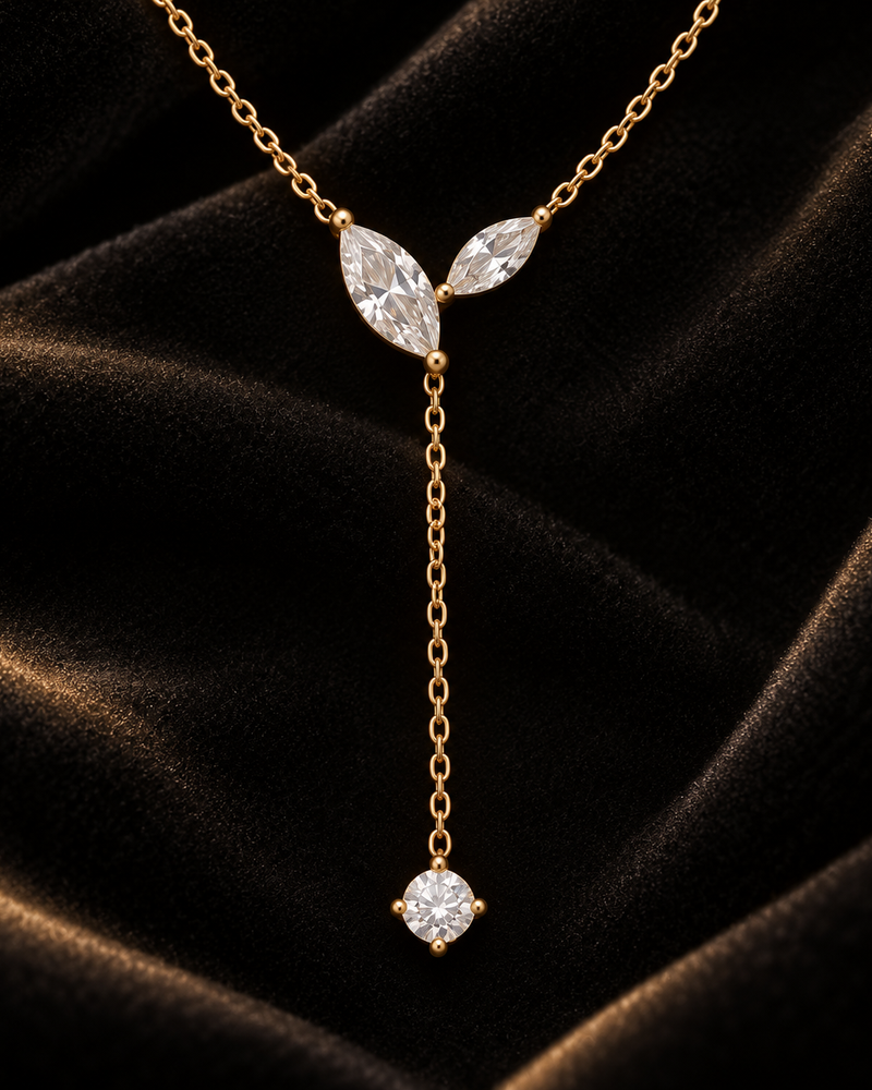 Céleste gold-tone teardrop lariat necklace vertical detail