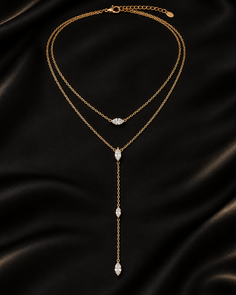 Éclat Marquise Y-Drop Necklace — portrait detail on black satin