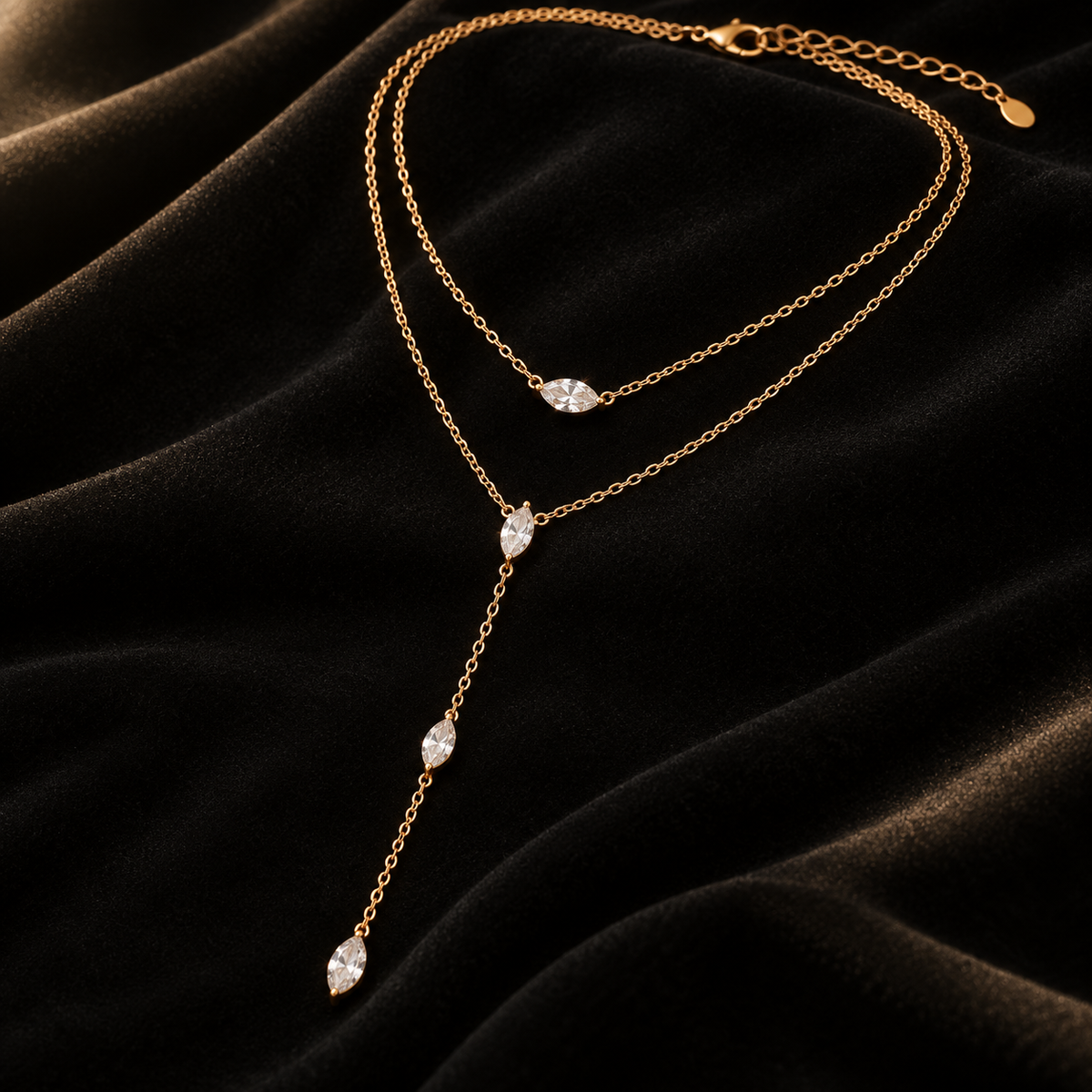 Eclat layered marquise Y-drop necklace luxury detail on black velvet