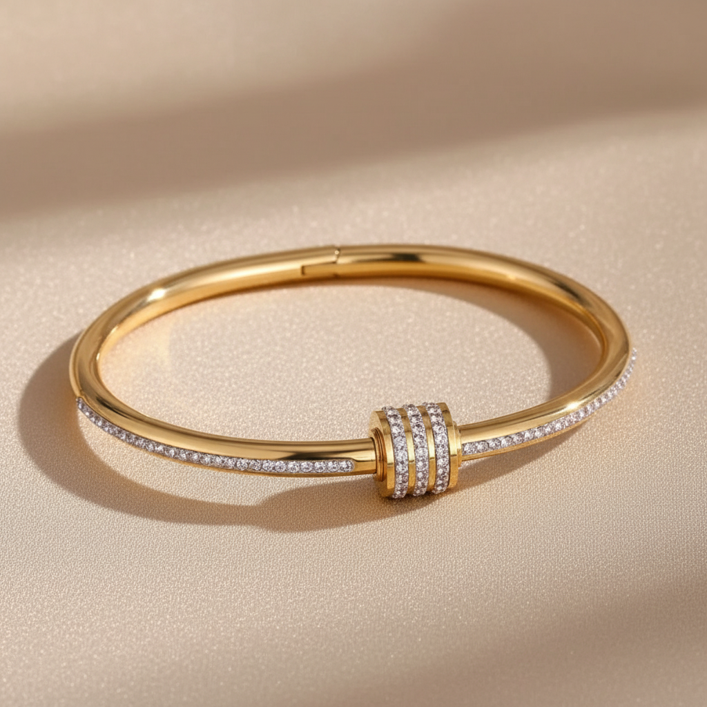 Signature gold clover zircon bangle on ivory stone — detail 2