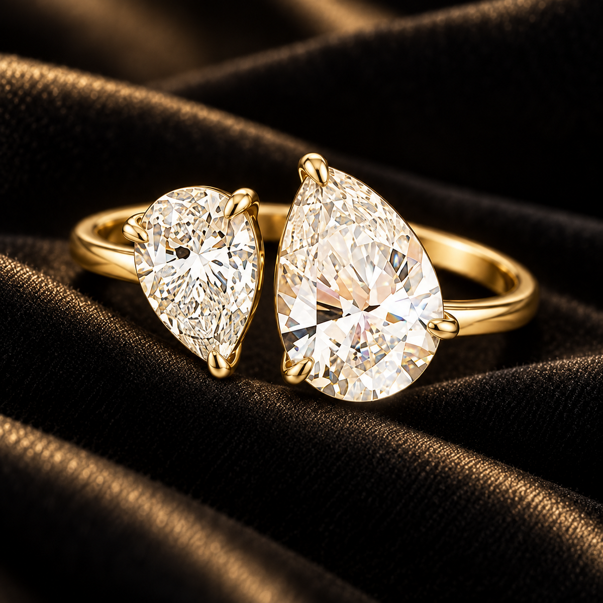 Ondine gold teardrop open ring luxury detail on black velvet