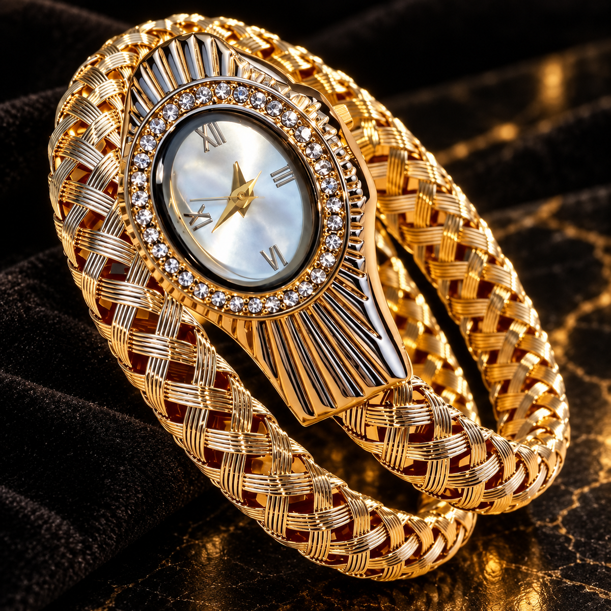 Sélène gold serpentine crystal bracelet watch luxury detail on black velvet