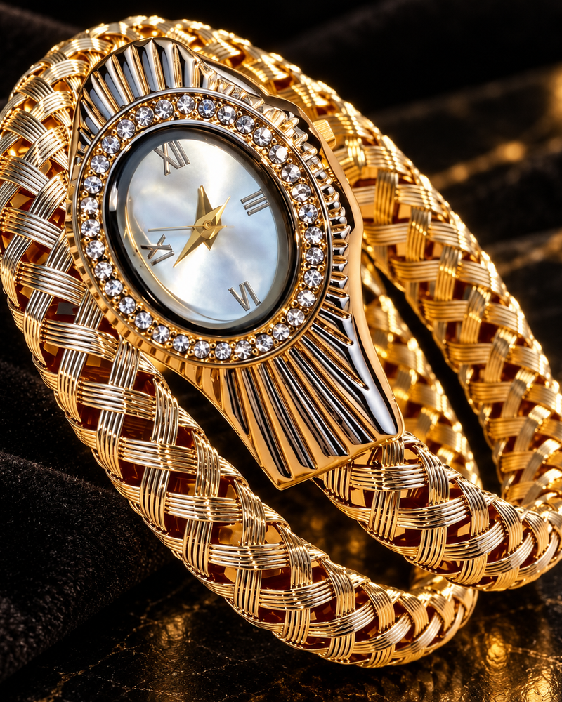 Sélène serpentine crystal bracelet watch — portrait detail on black velvet