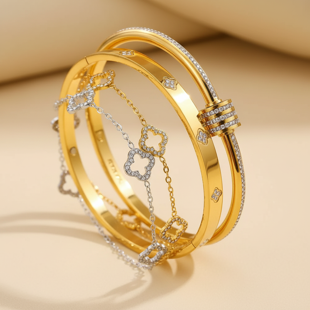 Signature gold clover zircon bangle on ivory stone — detail 3