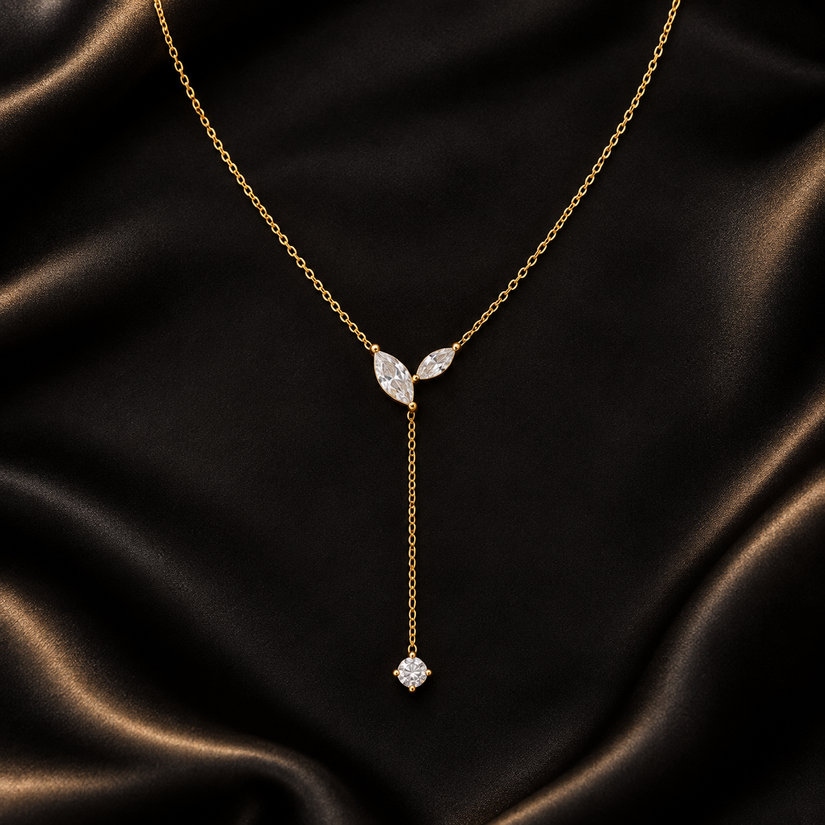 Céleste teardrop lariat necklace on black satin
