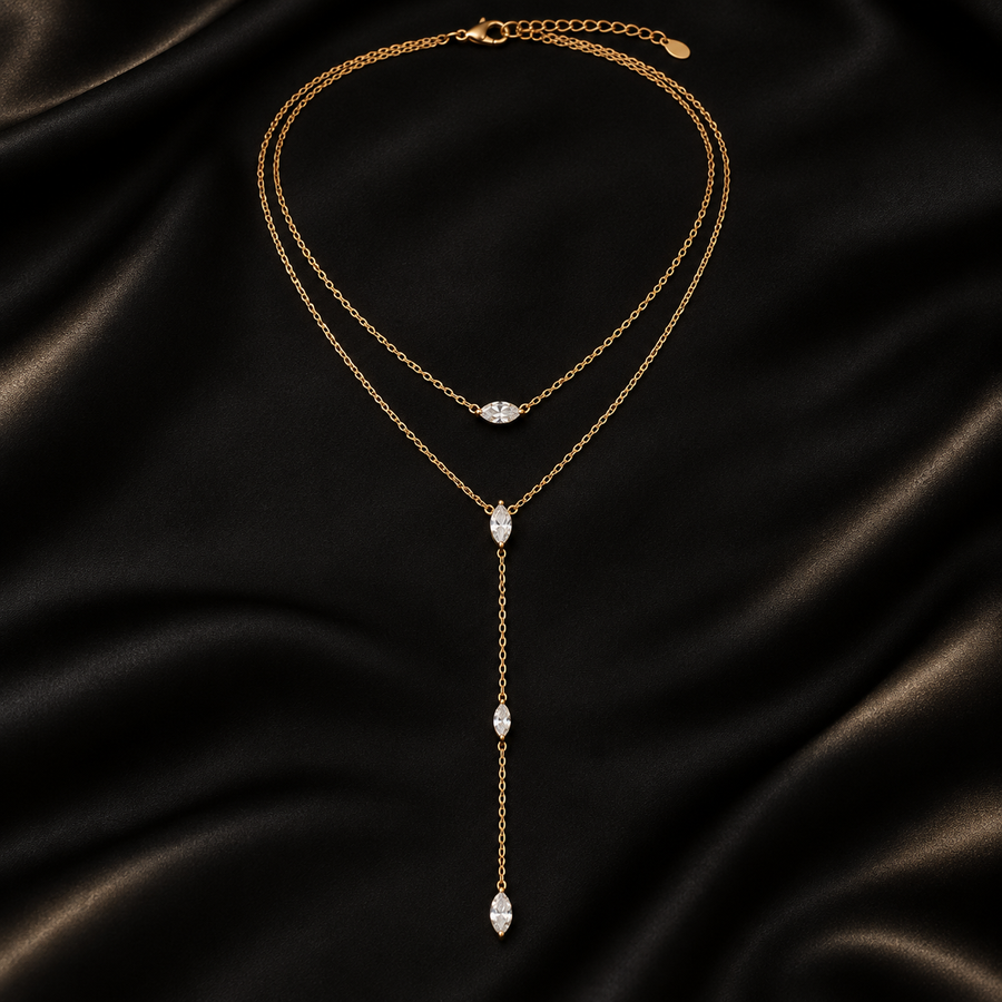 Éclat Marquise layered zircon Y-drop necklace on black satin