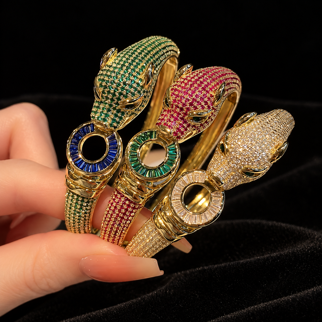Féline Pavé cuff bracelets on black velvet