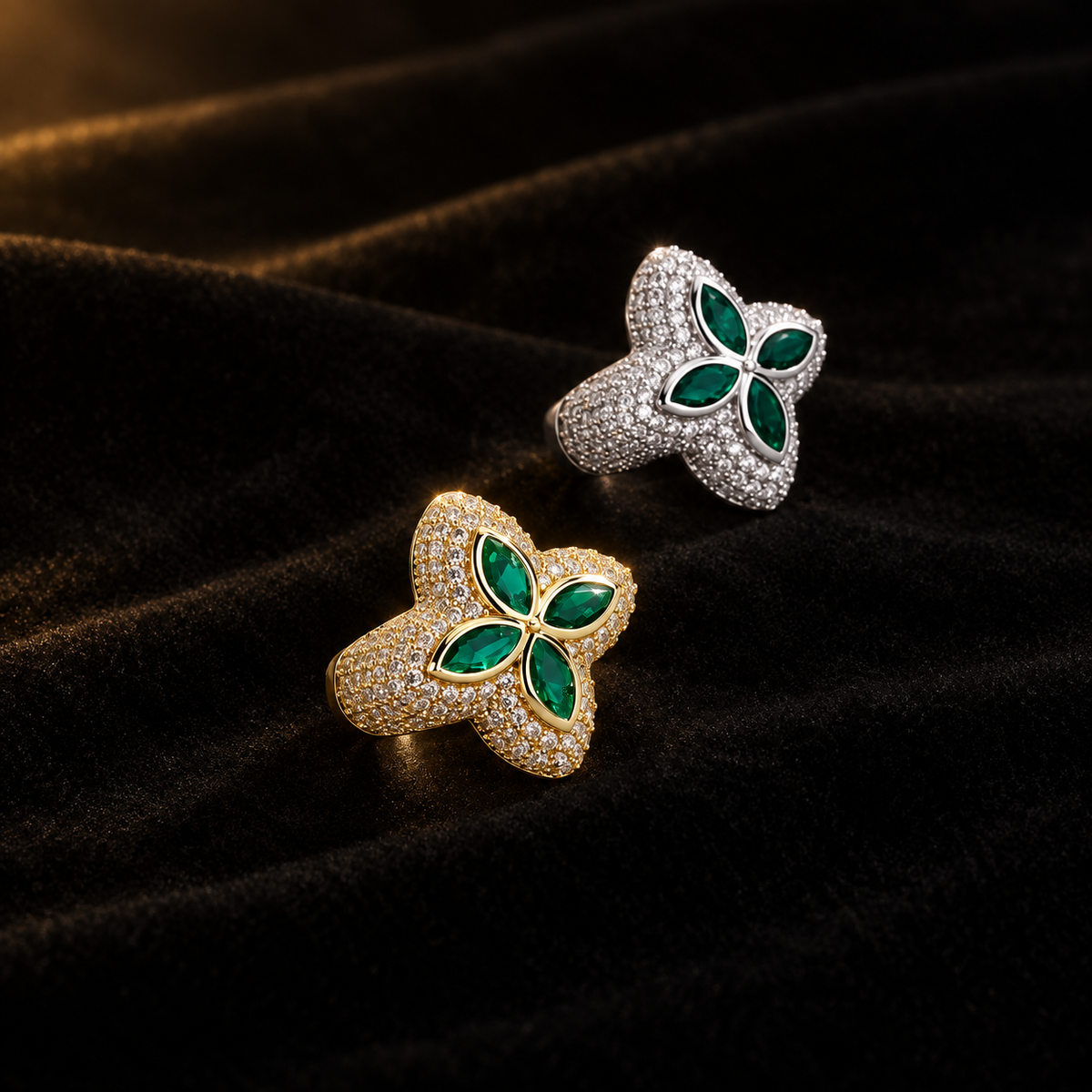 Fleur Clover Cubic Zirconia Ring on black velvet