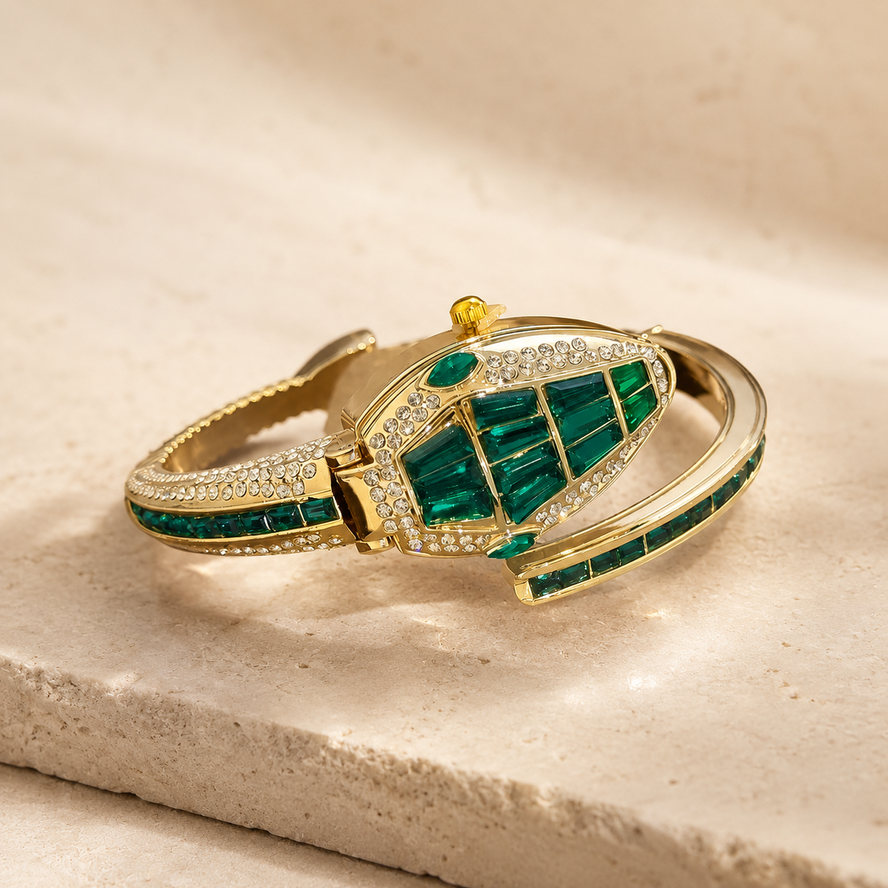 Serpentina green crystal bracelet watch on ivory stone