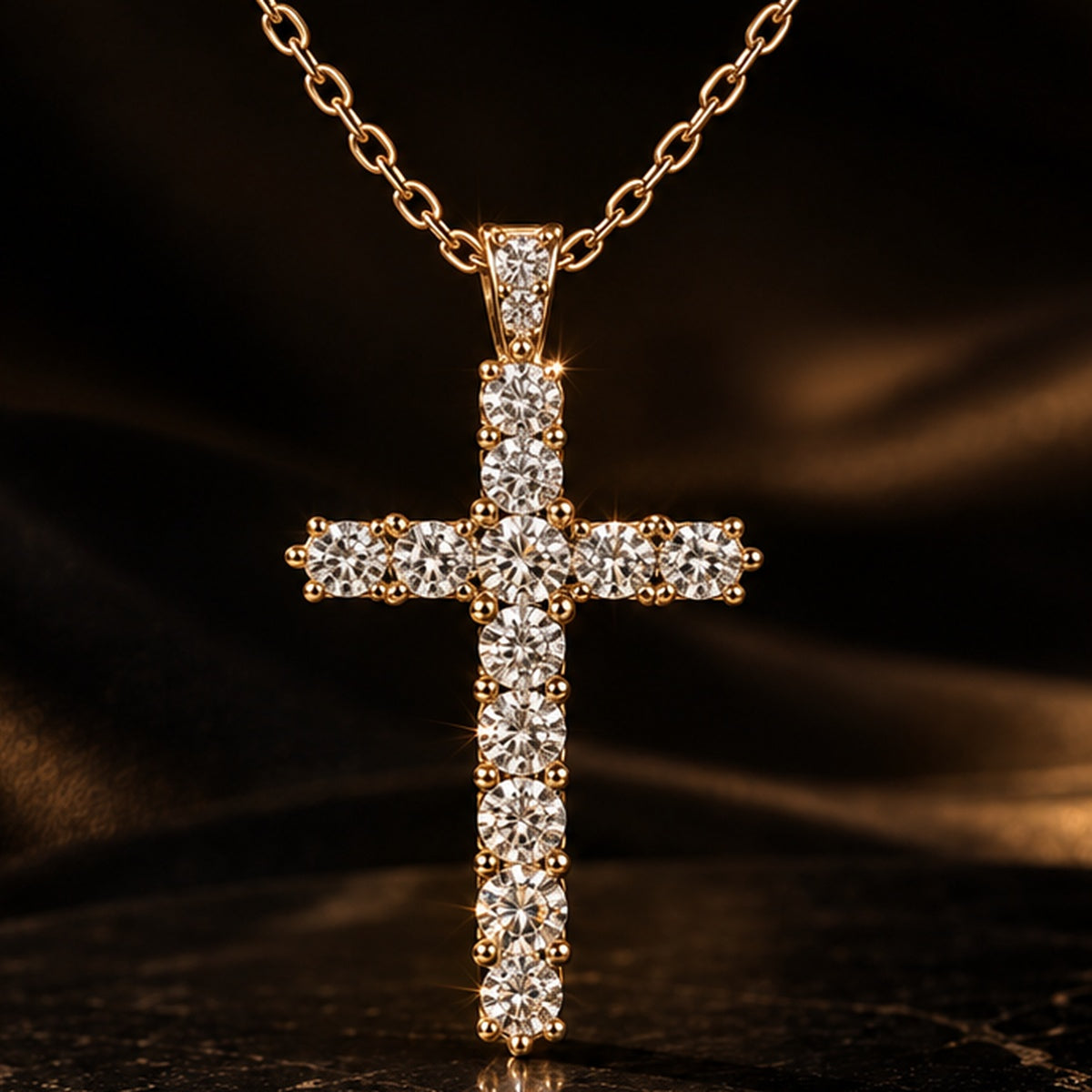 Close-up of Lumière Croix Necklace on a dark luxury background