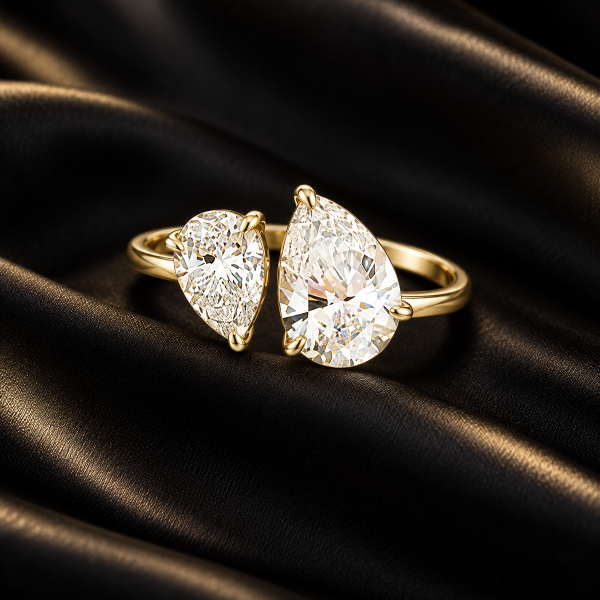 Ondine twin teardrop zircon ring on black satin